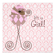 Pink Damask Pink Brown Baby Girl Shower Personalized Announcements