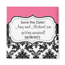 Pink & Damask Print Save the DATE magnets