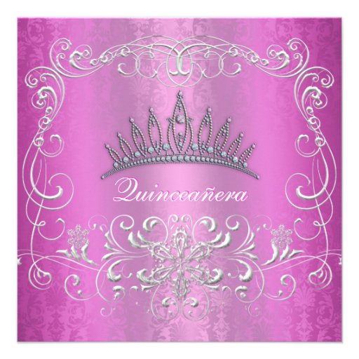 Pink Damask Quinceanera Diamond Tiara Invite (front side)