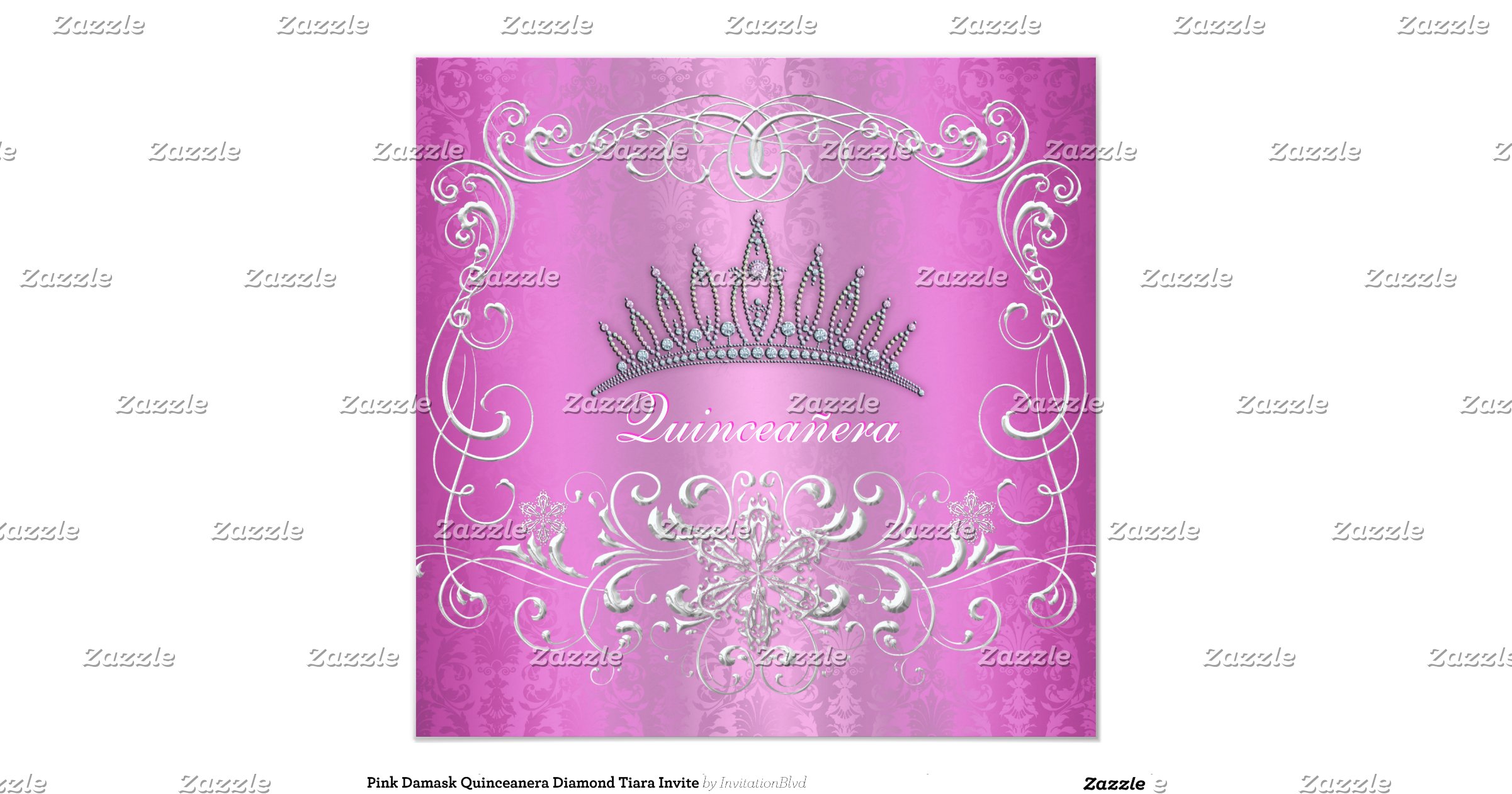 Pink Damask Quinceanera Diamond Tiara Invite