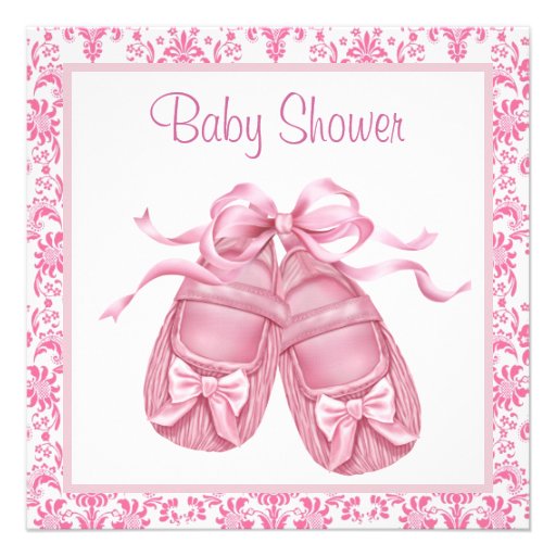 Pink Damask Satin Booties Baby Girl Shower Personalized Invitations