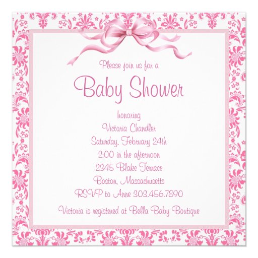 Pink Damask Satin Booties Baby Girl Shower Personalized Invitations