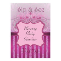 Pink Damask Sip & See Baby Shower Invitation