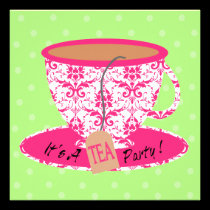 Pink Damask with Green Tea Cup Tea Party Birthday invitations