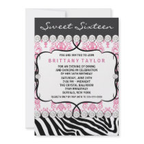 Pink Damask Zebra Sweet Sixteen Birthday Party Personalized Invitations