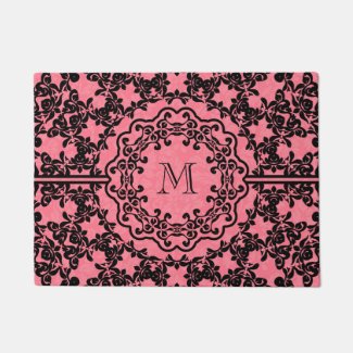 Pink Damasks And Black Floral Lace Doormat