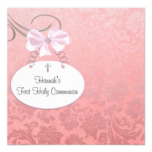 Pink Damaskt Cross Girls First Communion Invitation