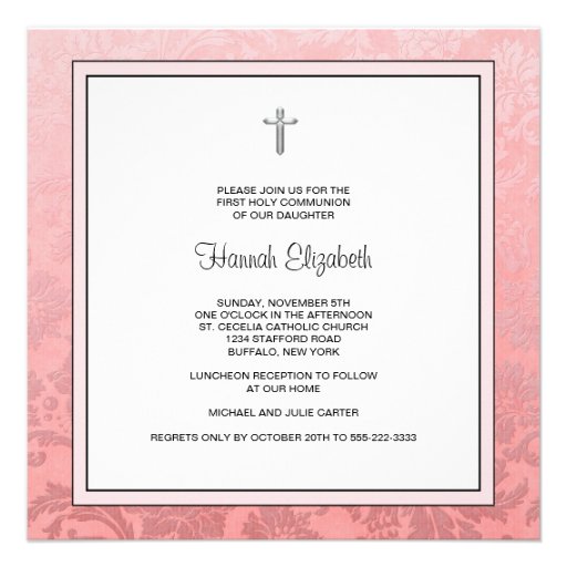 Pink Damaskt Cross Girls First Communion Invitation