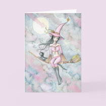 Pink Dawn Halloween Witch and Cat Card