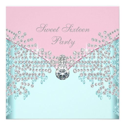 Pink Diamonds Teal Blue Sweet Sixteen Birthday Invite (front side)