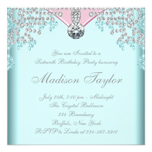 Pink Diamonds Teal Blue Sweet Sixteen Birthday Invite