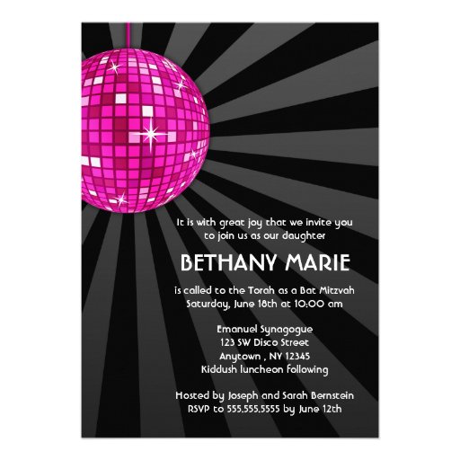Pink Disco Ball Bat Mitzvah Invitations (front side)