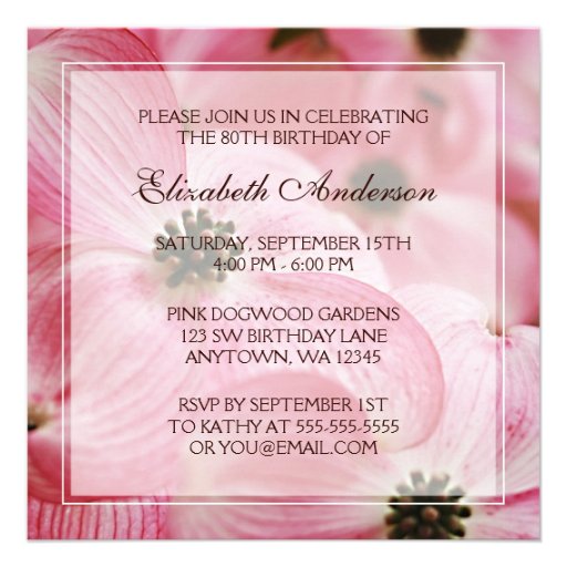Pink Dogwood Flowers 80th Birthday Party Announcement (front side)