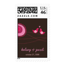 Pink Dot Flowers & Happy Bird Wedding Postage
