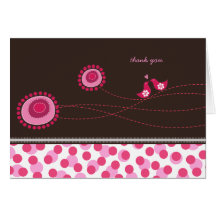 Pink Dot Flowers & Happy Birds Pattern Thank You Greeting Card