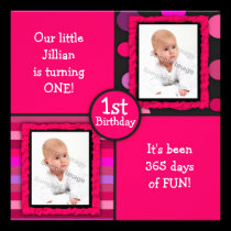 Pink Dots Girls First Birthday Photo Invitation invitations