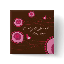 Pink Dotted Flowers & Bird Wedding / Save The Date buttons