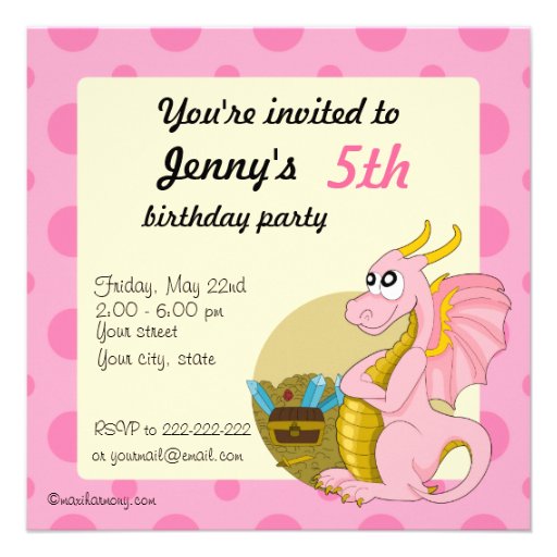 Pink dragon cartoon birthday print invitations