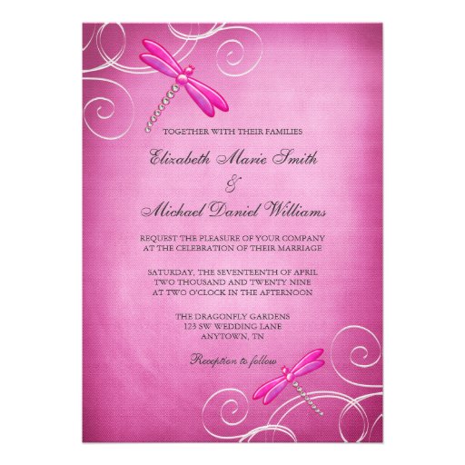 Pink Dragonfly Swirls Wedding Custom Invitations