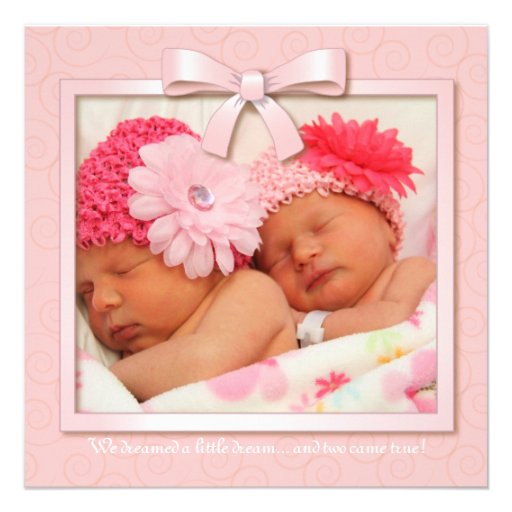 Pink Dream Twin Girl Baby Photo Birth Announcement 5.25" Square