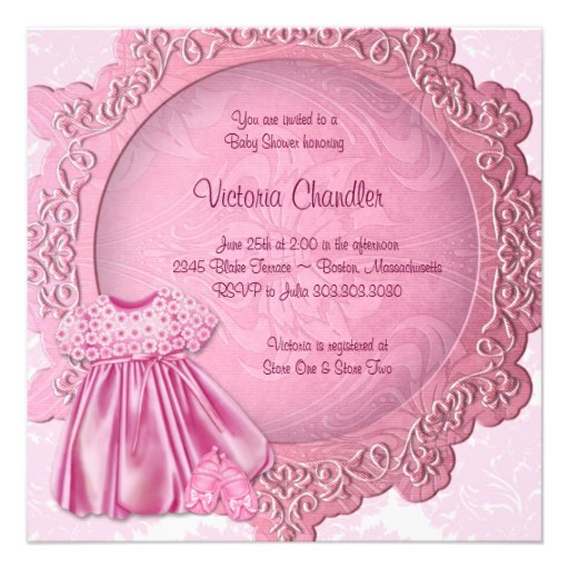 Pink Dress Pink Damask Baby Girl Shower Custom Invitations