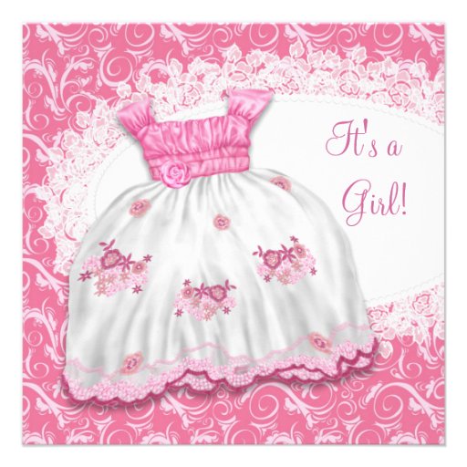 Pink Dress White Pink Swirl Baby Shower Personalized Invitation