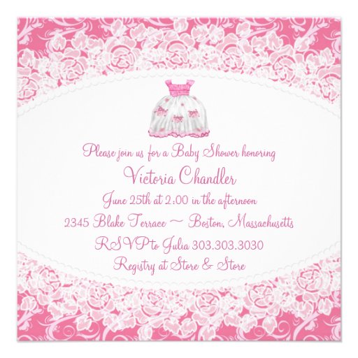 Pink Dress White Pink Swirl Baby Shower Personalized Invitation