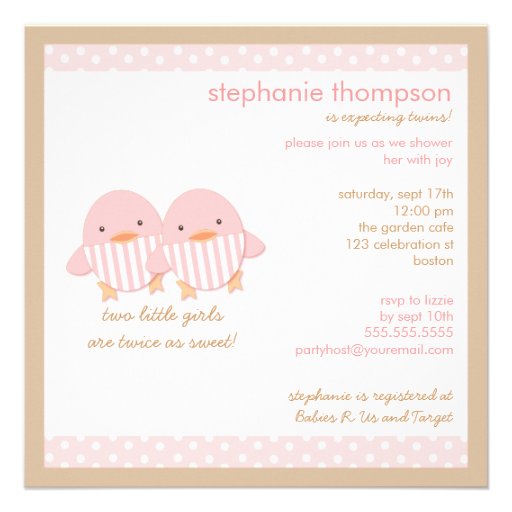 Pink Ducky Twin Girls Baby Shower Announcements