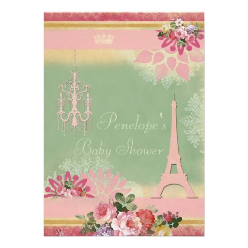 Pink Eiffel Tower and Chandelier Girl Baby Shower Personalized Invite