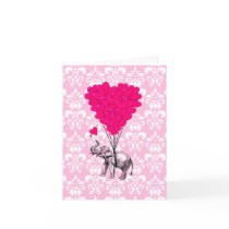 pink elephant and balloons greeting card