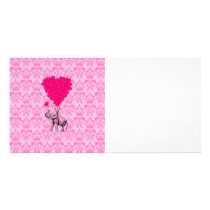 Pink elephant and heart balloons photo card