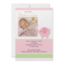 Pink Elephant Baby Girl Photo Announcement Card