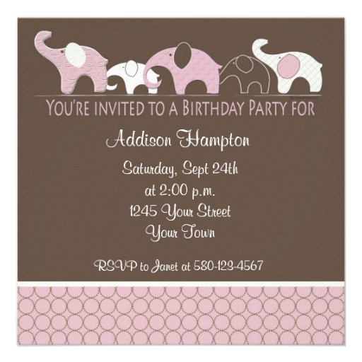 Pink Elephant Birthday Party Invitation