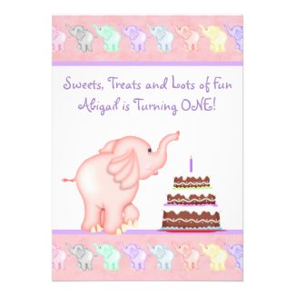 Pink Elephant First Birthday Party Invitation