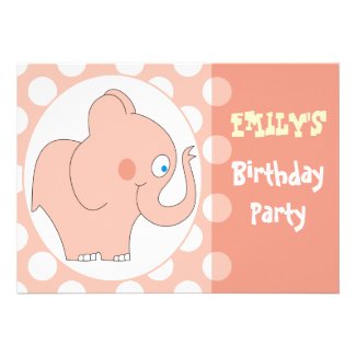 Pink Elephant Kids Birthday Party Invitations