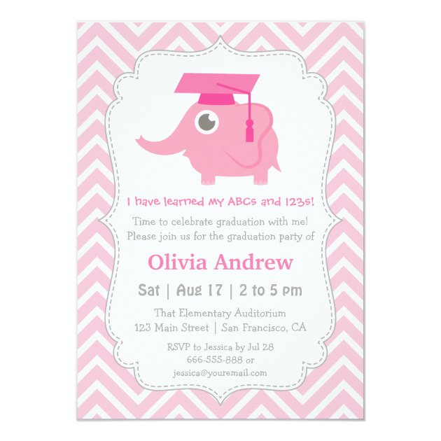 Pink Elephant Kids Kindergarten Graduation Party 4.5x6.25 Paper Invitation Card