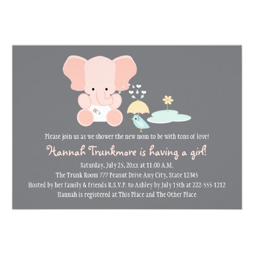 Pink Elephant Little Bird Baby Shower Invitation