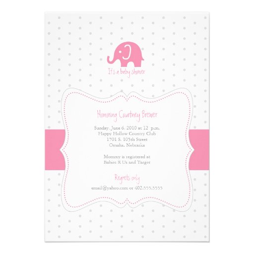 Pink Elephant Polkadot Baby Shower Invitation