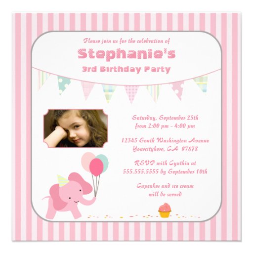 Pink elephant stripes birthday party invitation