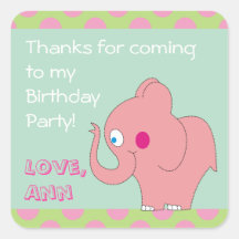 Pink Elephant Thank You Birthday Party Stickers