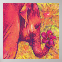 pink elephant with hibiscus posters