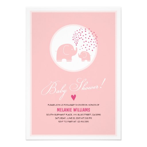 Pink Elephants Hearts Girl Baby Shower Invitation Custom Invites
