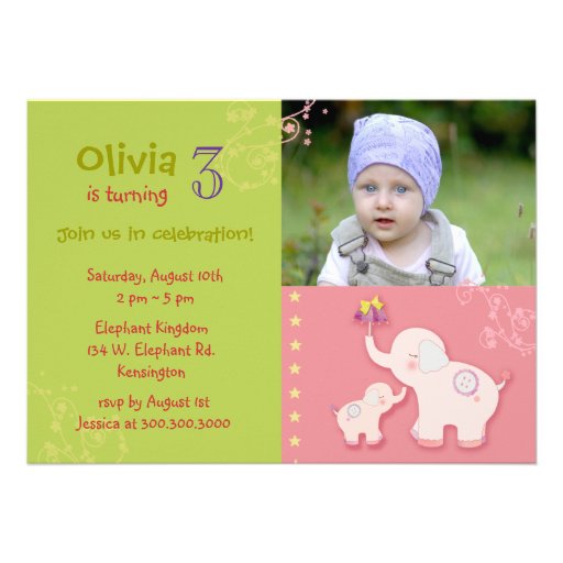 Pink Elephants Photo Birthday Party Invitations