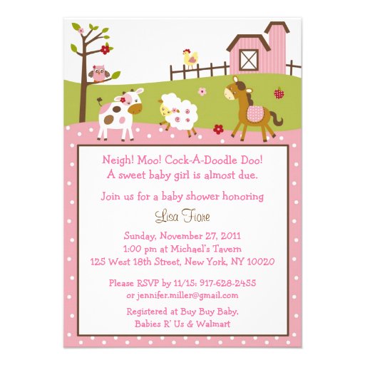 Pink Farm Animal Baby Shower Invitations (front side)