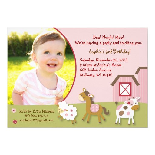 Pink Farm Animal Girl Photo Birthday Invitation