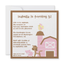 Pink farm animals girl's birthday party invitation