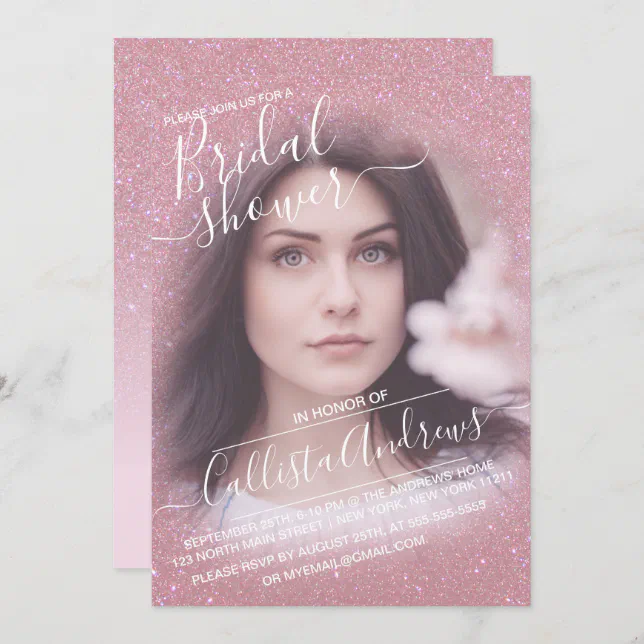 Pink Faux Sparkly Glitter Photo Bridal Shower Invitation Zazzle