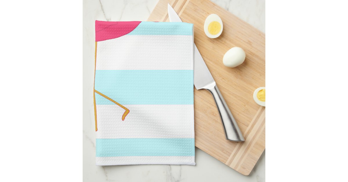 Pink Flamingo on Light Teal Stripes Kitchen Towel | Zazzle