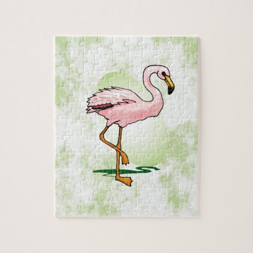 Pink Flamingo on Pale Green Background Jigsaw Puzzles
