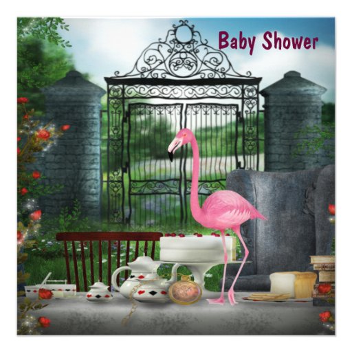 Pink Flamingo Wonderland Tea Party Baby Shower Custom Invitation